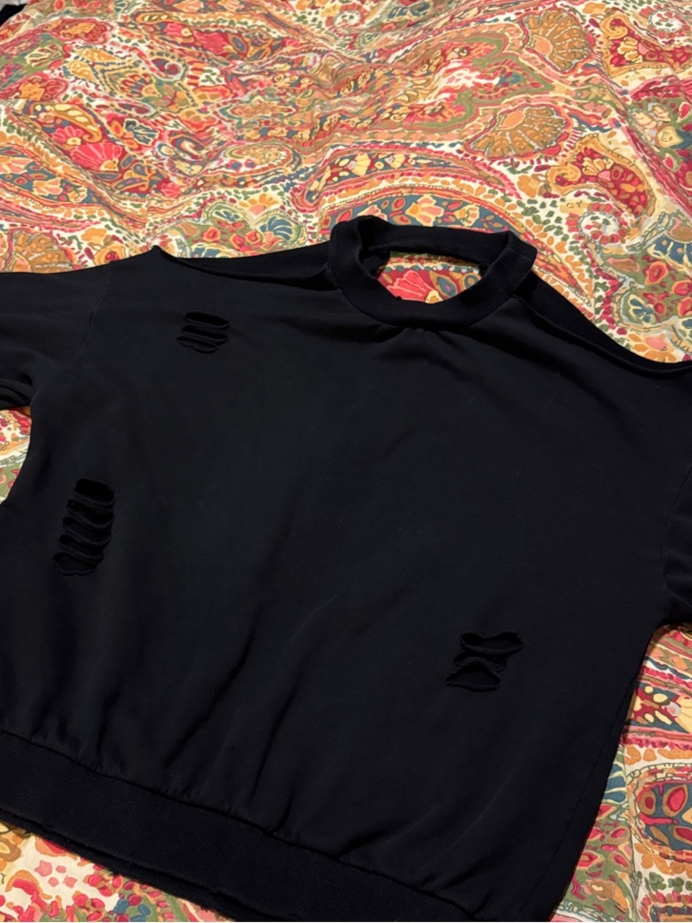 Honey Punch Black Distressed Cold-Shoulder Sweatshirt